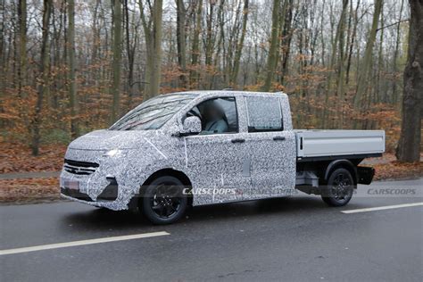 Vw Transporter T Spied In Ev Form With A Double Cab Flatbed Body