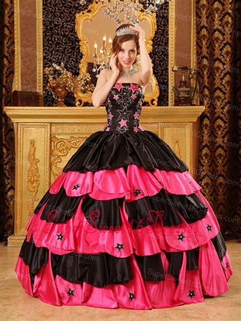 Inexpensive Black And Hot Pink Sweet 16 Dress Strapless Taffeta Beading