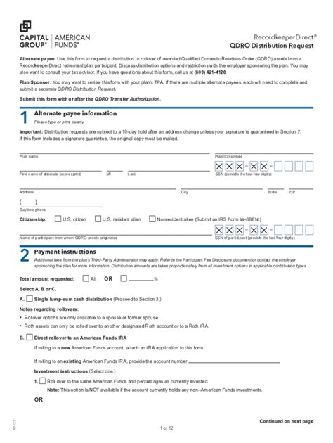 Fillable Online QDRO Distribution Request Capital Group Fax Email