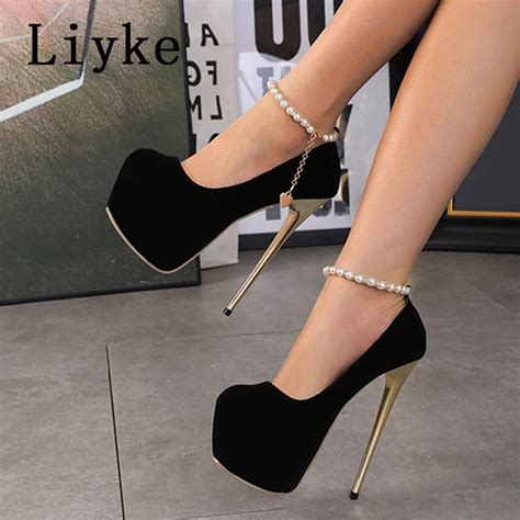 Liyke New Design String Bead Ankle Strap Platform Pumps Women Classic