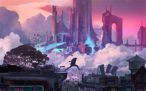 Cityscape Artwork Parkour Science Fiction Fu Chenqi Jumping