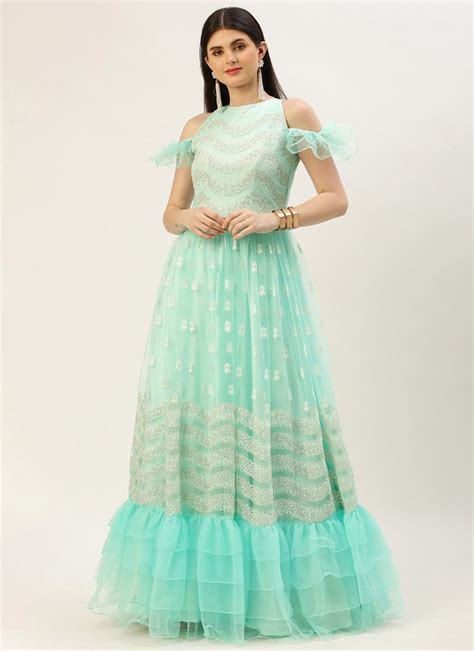 Buy Light Sea Green Net Embroidered Layered Style Gown Party Wear