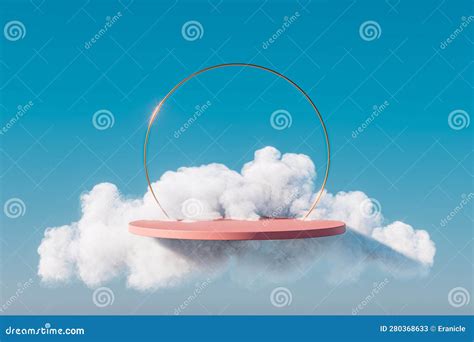 D Surreal Presentation Golden Pedestal Levitating In The Air In Clouds