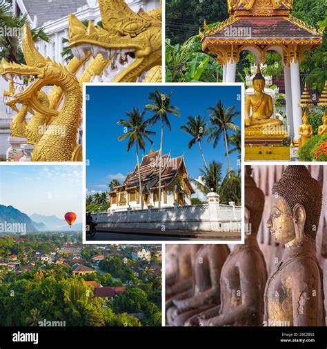 Collage of popular tourist destinations in Laos. Travel background ...