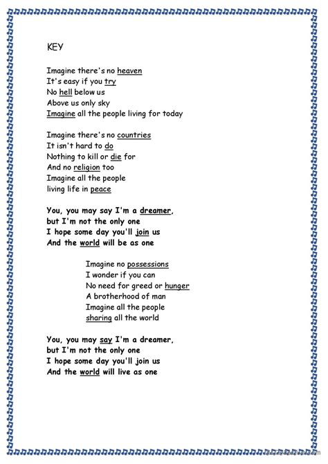 Song Imagine By John Lennon And Yoko Deutsch Daf Arbeitsbl Tter Pdf Doc