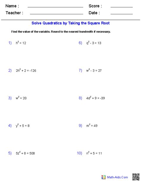 Solving Quadratic Equations With Square Roots Worksheet Answers