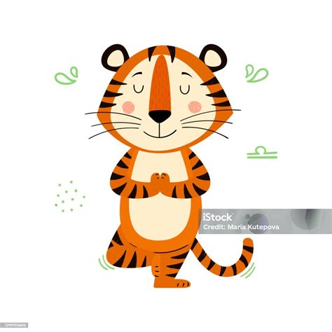 Tigre Rouge Rayé Mignon De Dessin Animé Tigre Dans La Pose De Yoga