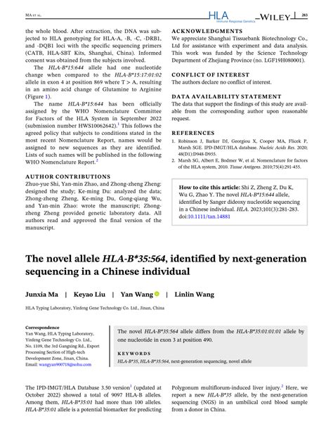 The Novel Allele HLAB 35 564 Identified By Nextgeneration Sequencing