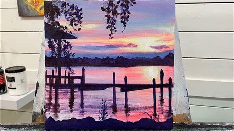 How To Paint Sunset Dock Acrylic Painting Tutorial Youtube