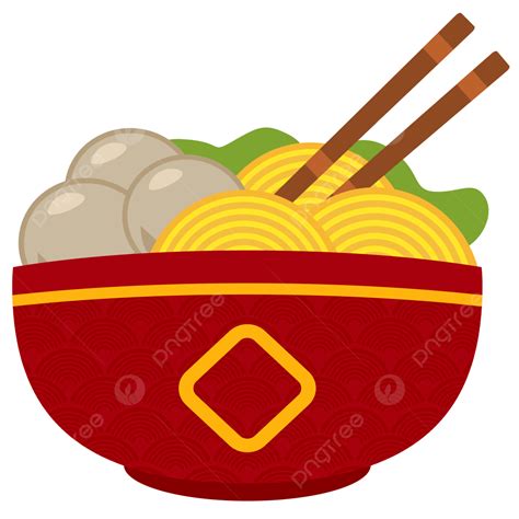 Noodle And Meatball With Red Bowl Vector Art, Vector Noodles, Meatball ...