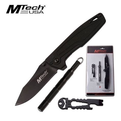 MTech Black Folding Pocket Knife with 2 Multi Purpose Tools-