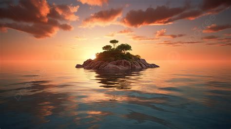 Sunset Horizon A 3d Rendered Island In The Ocean Background Tropical