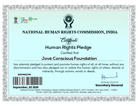 Nhrc Certificate Human Rights Pledge Jcf