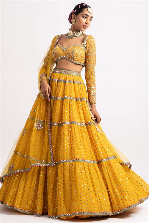 Yellow Georgette Hand Embroidered Wedding Lehenga Set By Vvani By Vani