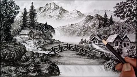 Pencil Drawing Landscape Scenery Step By Step Charcoal Pencil Drawing