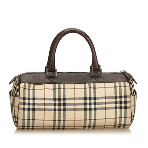 Burberry Plaid Coated Canvas Boston Bag Brown Multiple Colors Beige