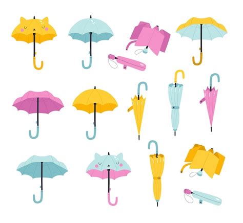 Premium Vector Set Of Umbrellas In Various Positions Open And Folded