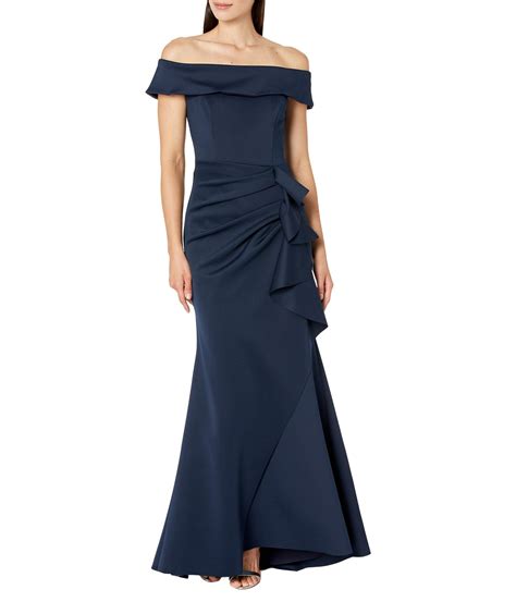 Xscape Long Scuba Off The Shoulder Side Ruffle In Blue Lyst