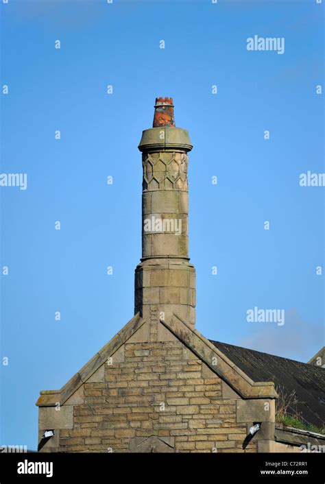 Ornate stone chimney stack. Warton Road, Carnforth, Lancashire, England ...