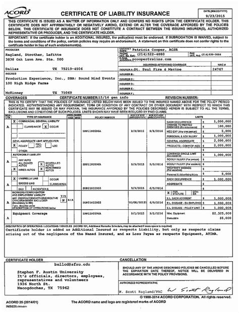 Acord Certificate Of Insurance Fillable Financial Report