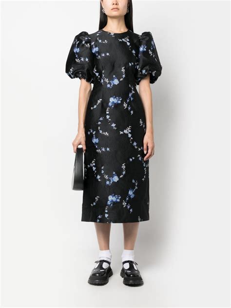 GANNI Floral Jacquard Midi Dress Black FARFETCH