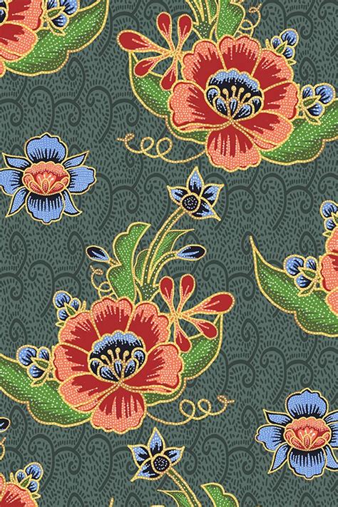 Malaysia Hand Drawn Floral Batik Green Blue And Gold By Laura Hickman