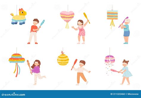 Kids Hitting Pinata. Children Striking Pinatas with Confetti and ...