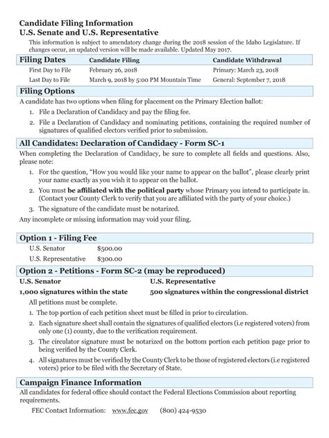 Fillable Online Candidate Filing Information U S Senate And U S