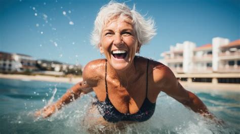 Una Mujer De Mediana Edad En Traje De Ba O Disfruta De Las Vacaciones