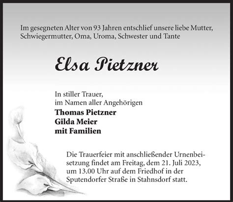 Traueranzeigen Von Elsa Pietzner Trauer Anzeigen De