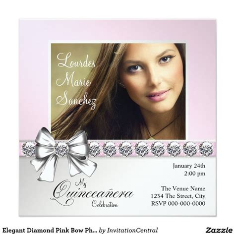 Elegant Diamond Pink Bow Photo Quinceanera 5 25x5 25 Square Paper