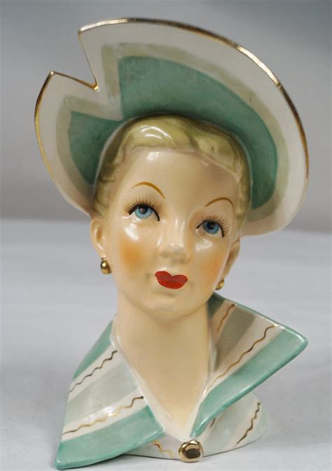 Vintage Relpo Porcelain Elegant Green Dress Hat Fancy Lady Head Vase