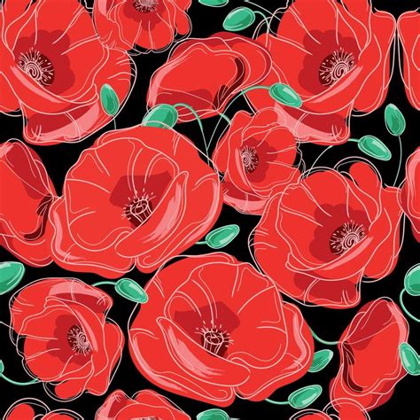 Red Flowers Poppy Seamless Pattern On A Black Background Vector