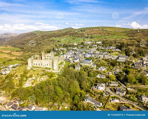 Aerial View of the Skyline of Harlech with it`s 12th Century Castle ...