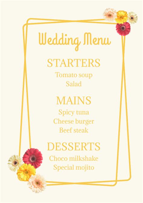 Plain Ivory and Yellow Wedding Dishes List Online Menu Template - VistaCreate