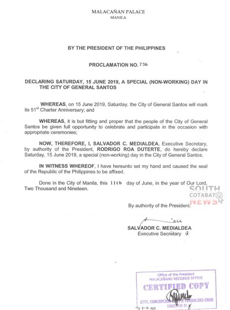 Palace Declares June 15 Special Non Working Holiday In General Santos City