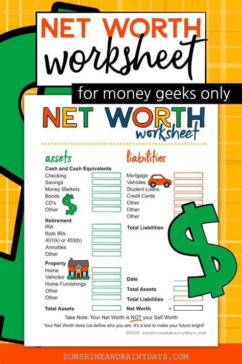 Net Worth Worksheet Discover Your Net Worth Sunshine And Rainy Days