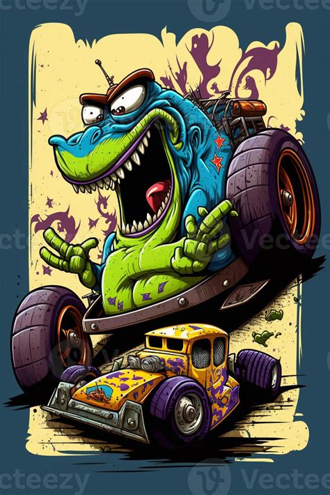 Cartoon Illustration Of A Monster Driving A Car With A Monster On It