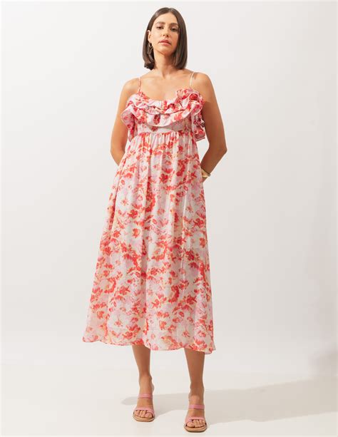 Vestido Floral Midi Rosa Sangue Latino