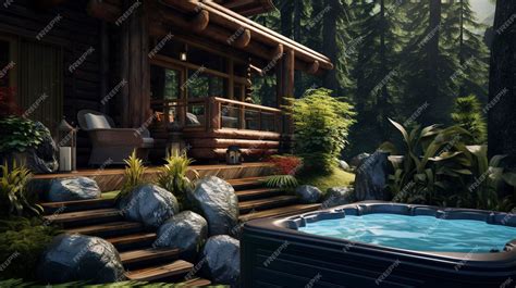 A log cabin with a hot tub on the deck for relaxation | Premium AI ...