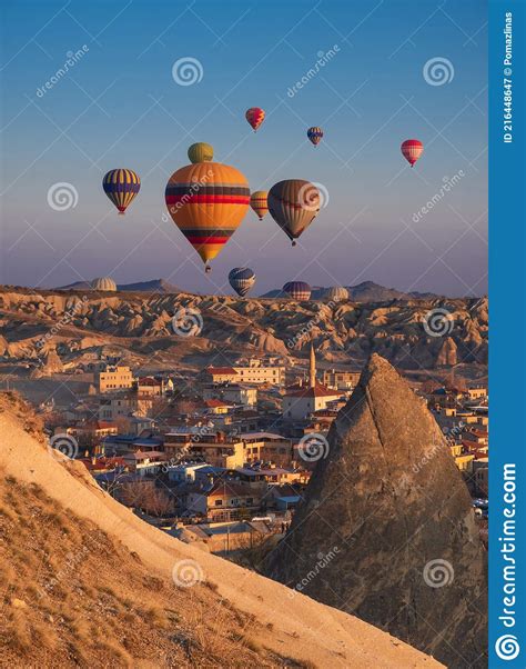 Goreme Cappadocia Turkey Hot Air Balloons Fly At Sunrise Over The