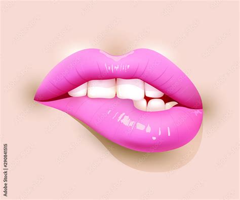 Sexy Lips Bite Ones Lip Female Lips With Pink Lipstick Isolated On Nude Background 3d Effect