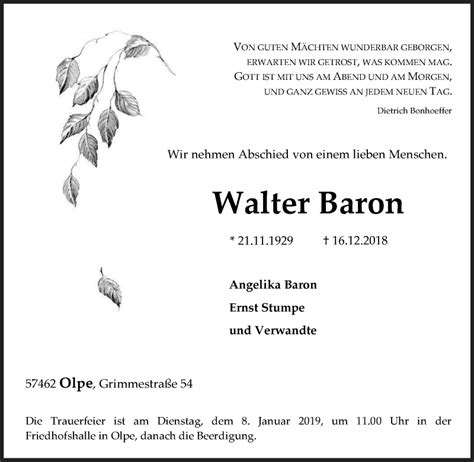 Traueranzeigen Von Walter Baron Trauer In Nrw De