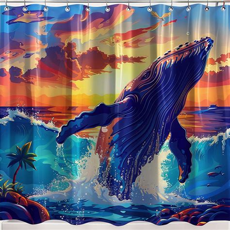 Vibrant Humpback Whale Sunset Shower Curtain Colorful Ocean Waves Palm