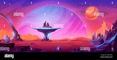 Space game vector background. Fantasy alien planet with red sand. Mars ground surface landscape ...