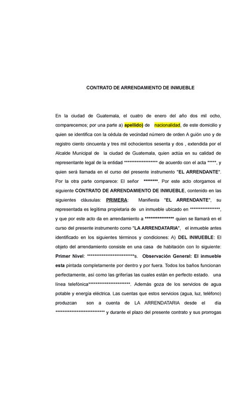 Modelo Contrato De Arrendamiento Derecho Civil Uregional