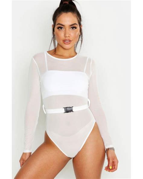 Boohoo Buckle Detail Belted Mesh Bodysuit In White Lyst