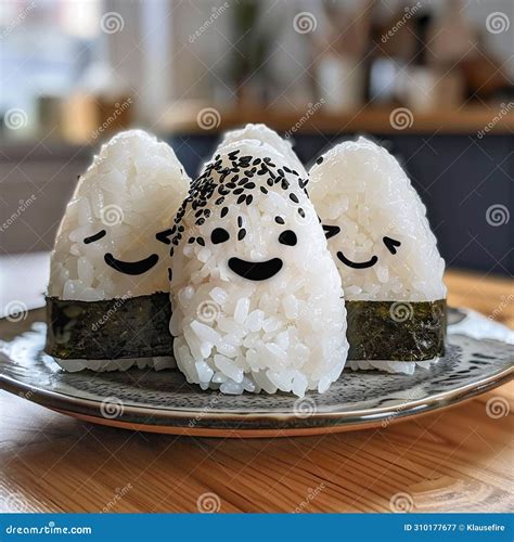 Adorable Onigiri Faces for a Fun Lunch (AI-Generated) Stock Image