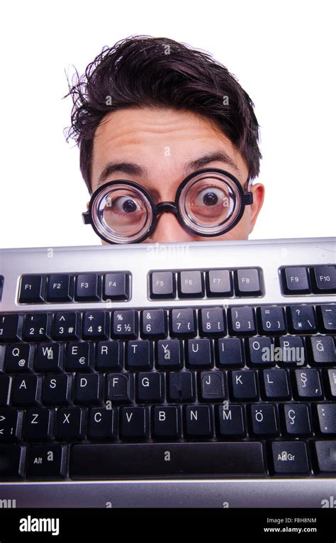 Funny computer geek isolated on white Stock Photo - Alamy