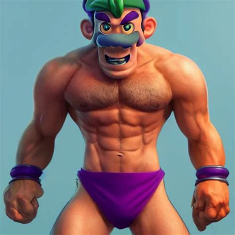 A Beautiful Buff Shirtless Waluigi Made By Stanley Stable Diffusion